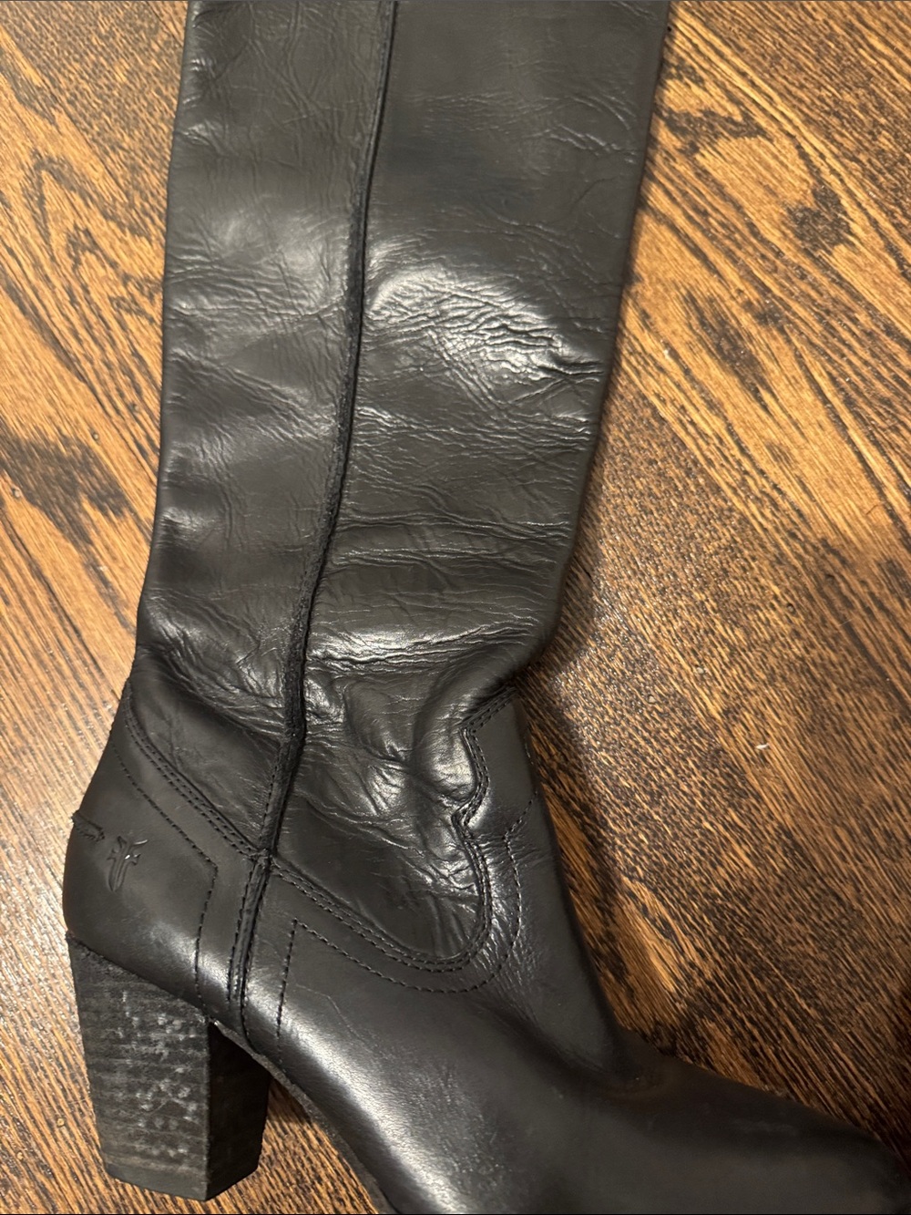 Frye Black Leather Knee-High Heeled Boots - Picture 2 of 5
